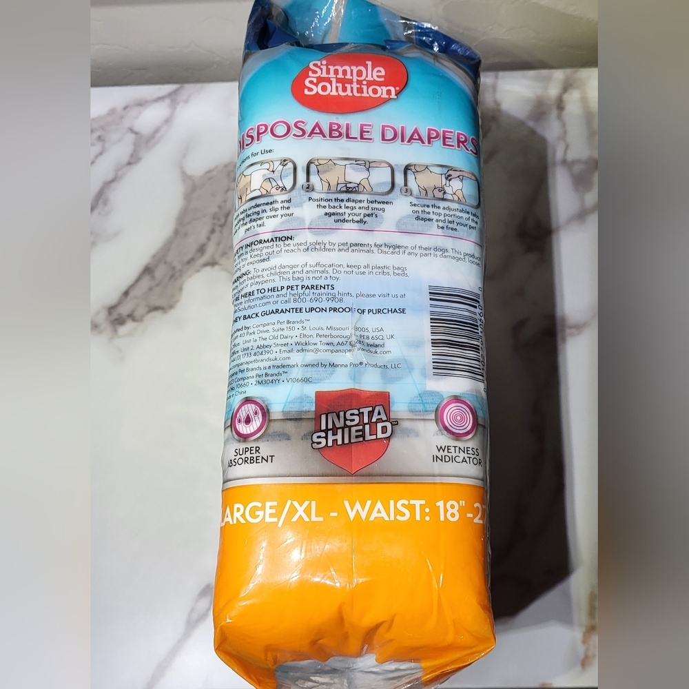 Simple Solution NIP 30 Count Disposable Female Dog Diapers Sz Large/XL (18-27in) - Picture 5 of 8